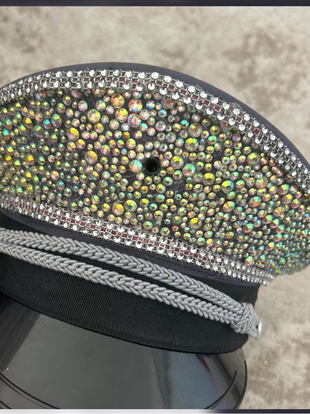 Rhinestone Embellished Grey Captain Hat